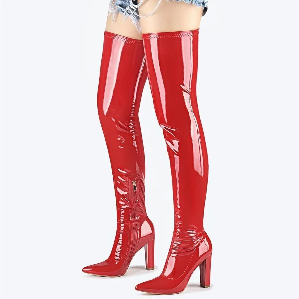 Women Red Chunky Heel Over The Knee Boots Patent Leather PU Stretchy Tall Boot